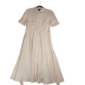 Alex Marie Beige Striped Shirt Dress Size 8 Midi Button Front Belted Cotton